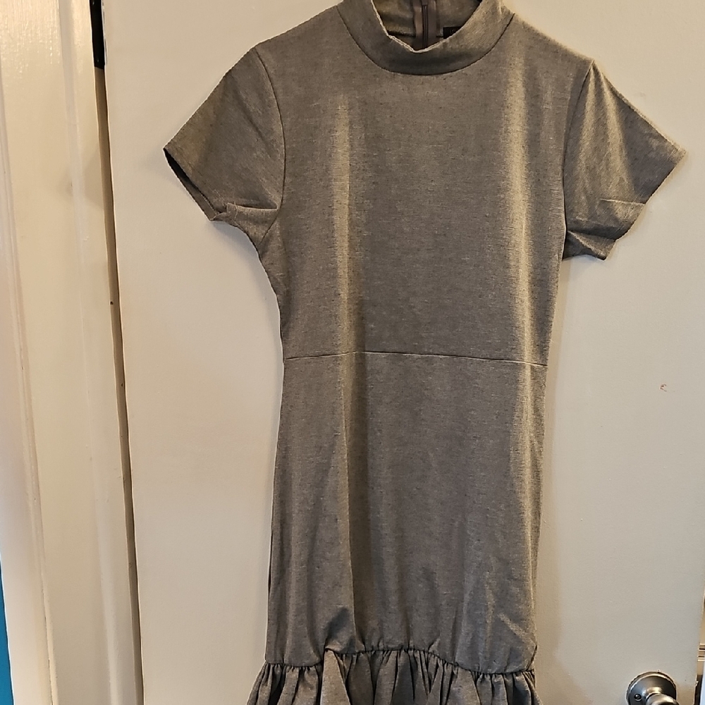 Gray Ruffled Midi Dress with Mock Neck